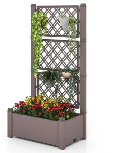 HOMASIS Fioriera con Grigliato a 3 Livelli, Fioriera da Esterno con Traliccio con Altezza Regolabile, Fioriera Rialzata Indicatore di Livello dell'Acqua/Foro di Drenaggio, 76 x 45 x 150 cm (Marrone)
