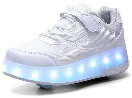 Mateju Kinder Schuhe mit Rollen für Mädchen Jungen Weiß Rollschuhe Schuhe mit 2 Rollen, 2 in 1 Turnschuhe Versenkbarer, Damen Herren Roller Schuhe Turnschuhe Skateboardschuhe 40 EU