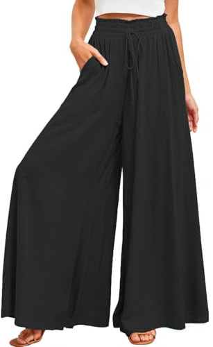 ROFUSSO Pantaloni Donna a Gamba Larga Palazzo Casual e Leggeri Estivi Elastici a Vita Alta Eleganti in Tessuto Tinta Unita con Tasche