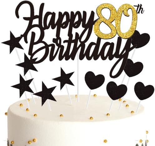 Ouceanwin Tortendeko 80 Geburtstag Frau Mann, Cake Topper Happy 80th Birthday Deko Schwarz Gold, Glitter Kuchendeko Geburtstag 80 Jahre Kuchen Topper 80. Geburtstag Frauen Männer