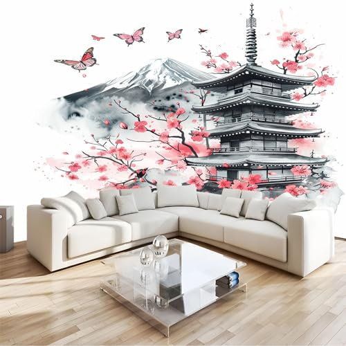 Papier Peint Panoramique 350 x 256 cm Loft japonais Sakura Papier Peint intissé Poster Tableaux Muraux Tapisserie Photo Trompe l'oeil pour Chambre Salon Décoration Murale
