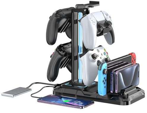 KDD Soporte Cascos Gaming con Soporte para Teléfono-Soporte Auriculares con 9 Modos de Luz- Headset Holder con Puertos de Carga USB-Soporte Mando para Almacenamiento de Accesorios de PC para Juegos