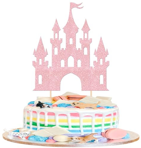 Xsstarmi 1 Pack Castle Theme Cake Topper Glitter Queen Princess Castle Cake Pick Queen Princess Birthday Cake Decorations for Baby Shower Wedding Birthday Party Supplies Light Pink