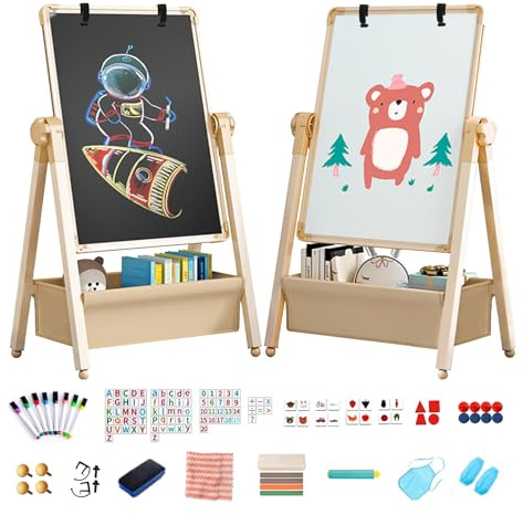 Chidiam Kids Easel Double-Sided Iron Art Easel with Paper Clip Foldable Drawing Board Height Adjustable Standing Easel 360° Rotatable Whiteboard Chalkboard with Letters Numbers for Boys Girls