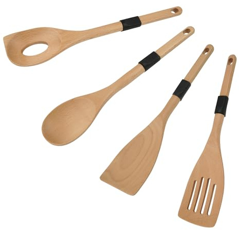 Stanley Rogers Küchenhelfer Set Fair, 4-teilig aus Buchenholz – Pfannenwender, Schlitzwender, Koch- & Risottolöffel, ergonomisch mit Anti-Rutsch-Griff