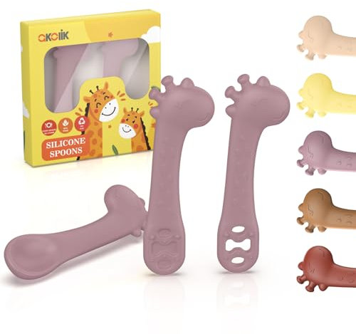 akolik Cuillère Bébé Apprentissage, Cuillère Silicone Souple, Cuillères de Sevrage, Couverts bébé Design Girafe, Cuillère de Nourrissage et Anneau de Dentition 2 en 1, Adapté aux Bébés dès 4 6+ Mois