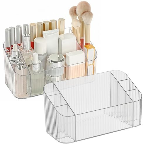 SLHEQING Make Up Organizer, Pinselhalter mit 7 Fächer, Transparent Badezimmer Organizer, Make up pinsel organizer, Schminktisch Organizer für Skincare, Eyeliners, Lippenstifte (Transparent-2pcs)
