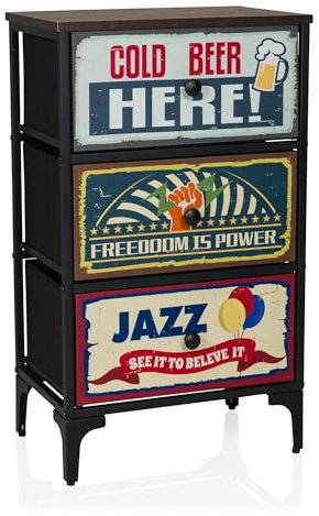 hjh LIVING Kommode mit 3 Schubladen aus Vlies AMERIKO S 77x30x45 cm, Schubladenschrank im Vintage-Look mit Motiven, Metall-Gestell