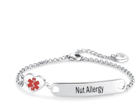 MiniJewelry Love Heart Medical Alert ID Bracelets for Men Women Red Emergency Identification First Aid Stainless Steel Adjustable Chain Bracelets Nut Allergy