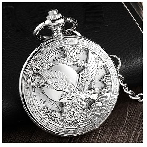CEHJZQRPL Taschenuhr Silber Adler Handaufzug Mechanische Taschenuhr Herren Taille Kette Hohl