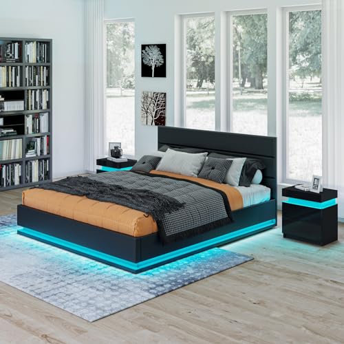 Komtopod Ottoman Bed with Memory Foam Mattress, 4ft Small Double Gas Lift Up Bed Frame with Underbed Storage, LED-Light Strips, Black Bed Frame Faux Leather