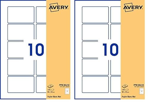 Avery Selbstklebende Etiketten, rechteckig, personalisierbar, 80 x 50 mm, weißes Papier, 100 Stück (Packung mit 2)