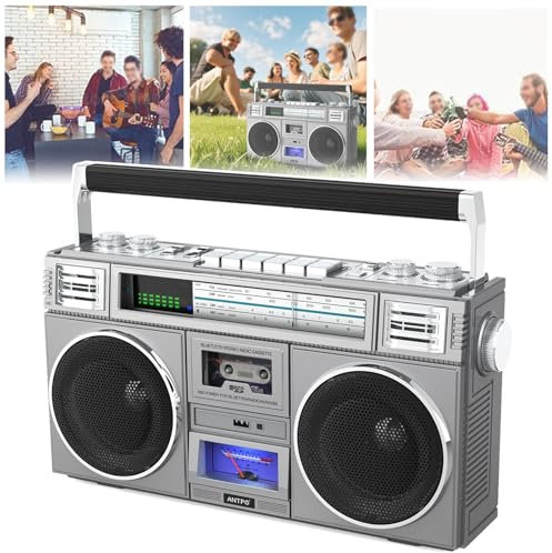QIeAny 80s Retro Boombox Bluetooth Speaker - AM/FM Radio with Heavy Bass & Dynamic Rhythm Lights | 40-Hour Playback | TF/USB/AUX | Rhythm Lights & Portable | Classic Street Style,Silver