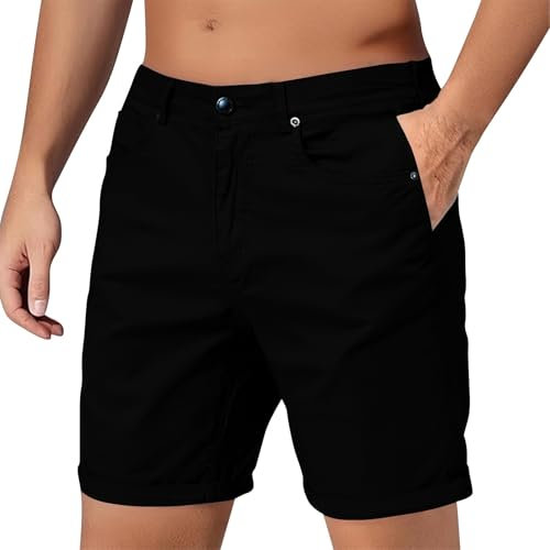 Herren-Chino-Shorts, modisch, lässig, einfarbig, mehrere Taschen, Reißverschluss, kurze Hose, Schnalle, Outdoor, Baumwolle, Chino-Shorts, Büro, Business, Arbeitskleidung, Schwarz , XL