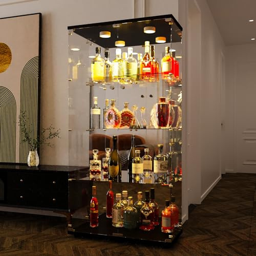 JYNVO Glasvitrine mit LED Beleuchtung, Vitrine Glas Abschließbar, Elegante Glas Vitrine Stehend mit 4 Regalen & 2 Türen, Sammlervitrine aus 4mm ESG Sicherheitsglas für Figuren & Wohnzimmer, Schwarz