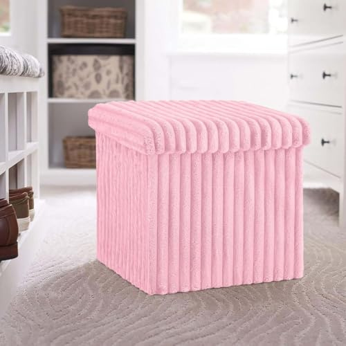 BLOOM BLENDS Ribbed Velvet Storage Ottoman Box – Foldable, Stylish & Multi-Purpose Seat with Lid | Available in 5 Colours | Bedroom, Living Room, Entryway (Pink, Small (38x38x38))