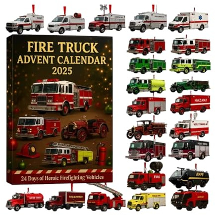 Feuerwehrauto Adventskalender 2025, 24 Tage Weihnachten Adventskalender Boxen, Lustiger Weihnachts-Countdown-Kalender mit klassischen & modernen Feuerwehrautos für Kinder & Sammler