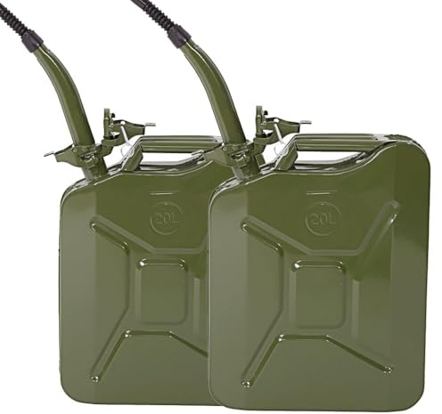 Bonnlo Bidón de Gasolina 20 Litros, Metalico con Despachador Flexible Estandar UK, Verde Oliva (Verde Oliva x2, 34x14x44 cm)