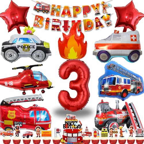 Feuerwehr Kindergeburtstag Deko 3 Jahre, Feuerwehrauto Ballons und Banner | Mit 40-Zoll Zahl 3, Feuerwehrauto, 4D-Feuerwehrauto, Hubschrauber, Krankenwagen, Flamme, Sternballons und Banner.