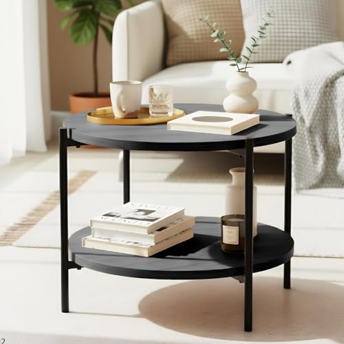 CLP Couchtisch rund Holz Edduma, Sofatisch 2 Ebenen mit Stauraum, Beistelltisch klein Metallgestell schwarz Farbe grau Größe Ø 50 cm