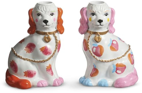 Dog Taper Candle Holder with Fruit Motif, Quirky Resin Dog Candlestick, Multicolor Strawberry and Peach Designs, 2 Assorted Styles, 5.75 Inch