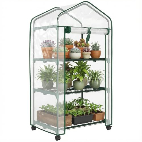 Outsunny Serre de Jardin PE Étagères 3 Niveaux 69x49x130cm Transparent | Serre de Balcon, Bâche PE, Châssis en Acier, Porte Zippée Enroulable, pour Légumes Plantes Fleurs