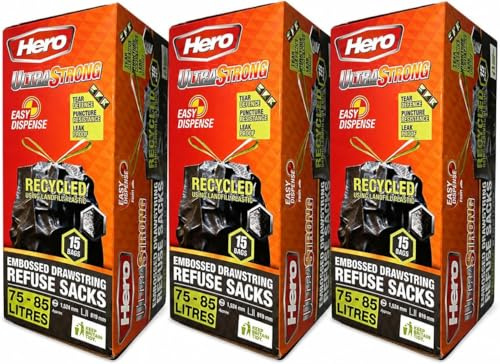 Hero Ultra Strong Black Drawstring Bin Bags 75–85L – Extra Thick Tear-Resistant Refuse Sacks | Recycled Plastic Bin Liners for Home, Office & Commercial (45)