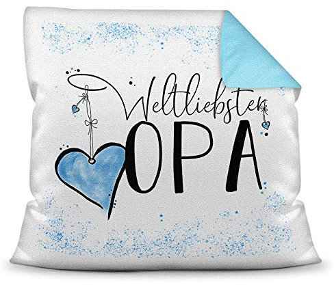 Tassendruck Familie-Kissen mit Spruch für den Weltbesten Opa - Kissenbezug inklusive Kissen/Verwandte/Geschenk-Idee/Liebling/Kinder/Farbkissen Rückseite Himmelblau