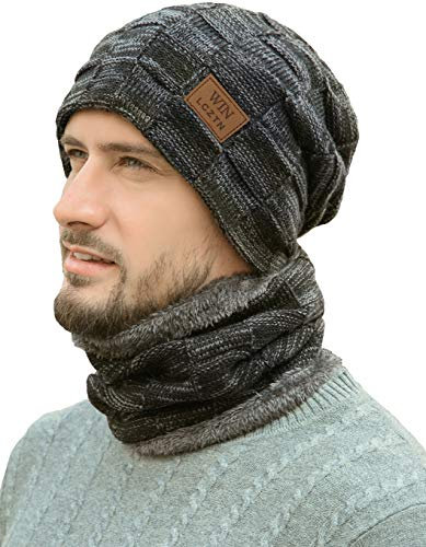Unbekannt LCZTN Herren Wintermütze, Schal, warm, Fleece gefüttert, Strick, Skimütze, Slouchy Skull Cap für Unisex Geschenk Gr. Einheitsgröße, Schwarz