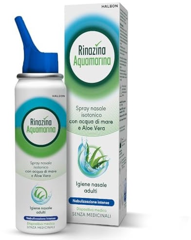 Rinazina Aquamarina Spray Nasale Isotonico con Aloe Vera, Nebulizzazione Intensa, adatto per il lavaggio nasale degli adulti, 100 ml