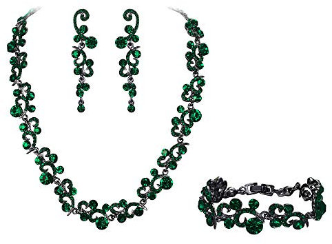 EVER FAITH Schmuckset Damen Österreichische Kristall Hochzeit Blume Welle Halskette Ohrringe Armband Set Grün Schwarz-Ton