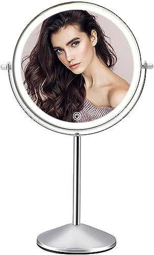 FASCINATE Wiederaufladbarer Kosmetikspiegel LED Beleuchtet mit 1/10 Fach Vergrößerung, Makeup Spiegel mit 3 Lichtfarben und Touchschalter, Doppelseitiger LED Tischspiegel, 360 Grad Drehtischspiegel