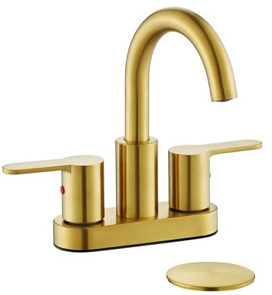 TimeArrow Brushed Gold 2 Handle Centerset Bathroom Sink Faucet with Drain Assembly, High Arc Modern 4 Inch Bathroom Vanity Lavatory Faucet 3 Holes with Brass 360° Swivel Spout, TAF067E-PB