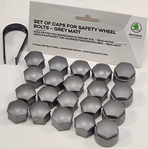 Skoda Genuine Alloy Wheel Bolt Nut Caps Covers 17mm Bolt Caps (Grey Matt + Tool)