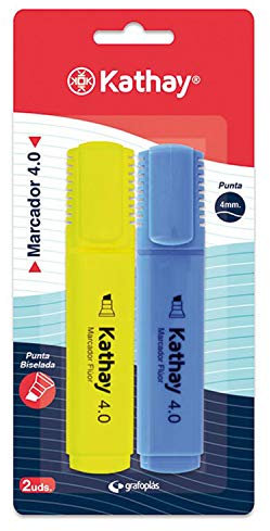Kathay 86211998 Textmarker, gelb und blau, abgeschrägte Spitze 4 mm, 2 Stück