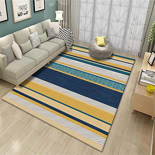Xiaosua kinderteppich waschbar Moderner Teppichsalon Blaue gelbe gestreifte strapazierfähige Teppichpflege-Anti-Milben Gelb Teppich mit Muster 40X60CM kinderteppiche mädchen 1ft 3.7''X1ft 11.6''