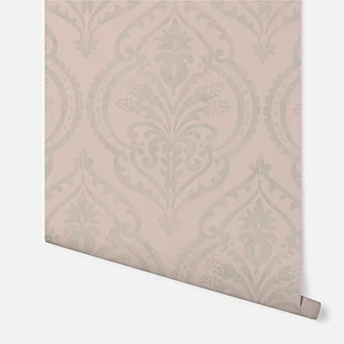 Arthouse Moroccan Damask Blush and Silver Luxury Vinyl Textured Wallpaper