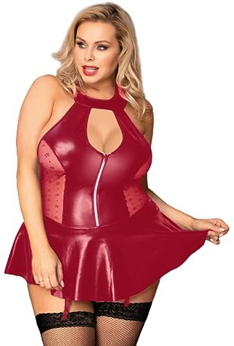 ohyeahlady Lederkleid Damen Sexy Große Größen Babydoll Strapsen Dessous Damen Sexy Unterwäsche Curvy Erotisch Catsuit Mollige Frauen Negligee Wetlook Reizwäsche Cosplay Kostüm Clubwear Rot,L