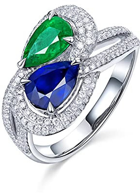 Daesar Verlobungsring mit Diamant 18K Weißgold 750, Tropfen Saphir 1.29ct und Smaragd 0.86ct Hochzeitsring Ring Damen Echt Weißgold Gr.65 (20.7)