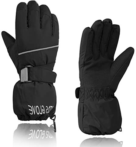 Durio Kinder Ski Handschuhe Winter Skihandschuhe Winddicht Wasserdicht Warm Handschuhe Junge Mädchen Outdoor Sports Schneehandschuhe Schwarz 12-14 Jahre