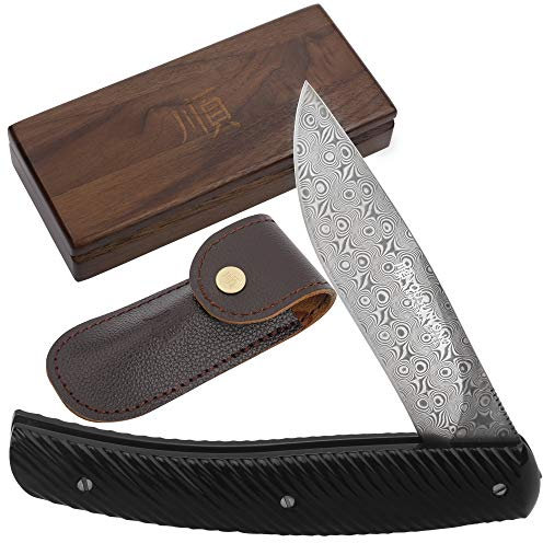 YOUSUNLONG Cuchillo de bolsillo - Cuchillo plegable - Hoja de acero de Damasco de 186mm para camping y caza - Incluye funda de cuero y caja de madera de nogal - Mango de cuerno de búfalo natural