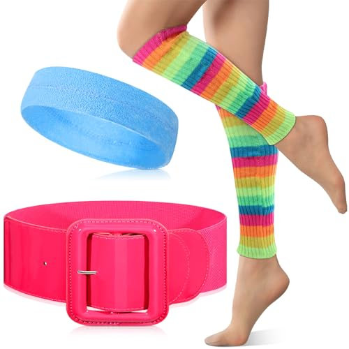 SATINIOR 80er Jahre Workout Kostüm Set für Damen Mädchen Regenbogen Beinstulpen Rosa Gürtel Blaues Schweißband Neon Outfit Zubehör für Halloween