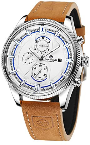 FORSINING Herren Automatik Tourbillon Wasserdicht Kalender mit braunem Lederband Armbanduhr, Weiß und Braun, Casual