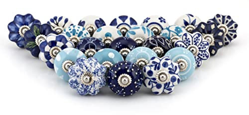 Craft Trade Ceramic Knobs for Cupboards Assorted Cabinet Knobs Vintage Blue Door Knobs Colorful Kitchen Furniture Pull Handles Cabinets Cupboard for Wardrobe Home Interior - Pack of 25