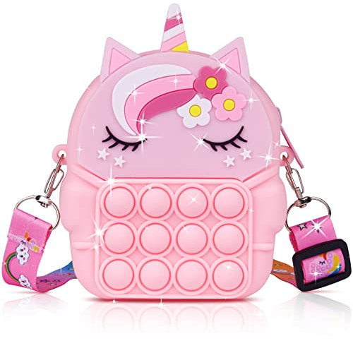Ainiv Pop Push It Tasche Handtasche, Pop Tasche, 2 in 1 Fidget Toys Taschen Umhängetasche mit Längenverstellbarem Tragegurt, Einhorn Fidget, Anti Stress Spielzeug Schultertasche für Kinder (Rosa)