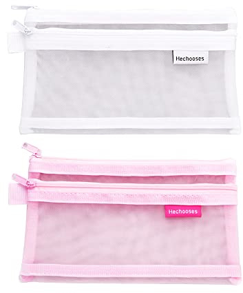 Trousse à crayons, 20,5 cm grande trousse à crayons pochette porte-stylo double maille transparente filles garçons grande capacité école papeterie bureau pochette à crayons trousse (blanc + rose)