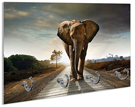Wallario Handtuchhaken für Bad & Küche aus Glas 30 x 20 cm, Wand Handtuchhalter mit 4 Haken, Motiv: Elefant bei Sonnenaufgang in Afrika