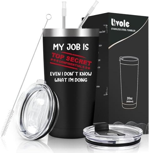 Livole Christmas Gifts for Men, Him, Colleagues, Funny Mugs for Work Colleagues, Novelty Friends Gifts, My Job is Top Secret, 600ml Coffee Cup Travel, 20oz Wine Tumbler with Straw and 2 Lids