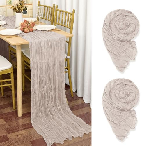 2 Stück Seihtuch-Tischläufer Braun-Grau,90 x 300 cm Rustikaler Gaze Stoff Boho Tischläufer Käsetuch Tischdecke für Hochzeitsfeier Brautparty Tischdekorationmit(Mit Einem Hauch von Lila und Rosa)