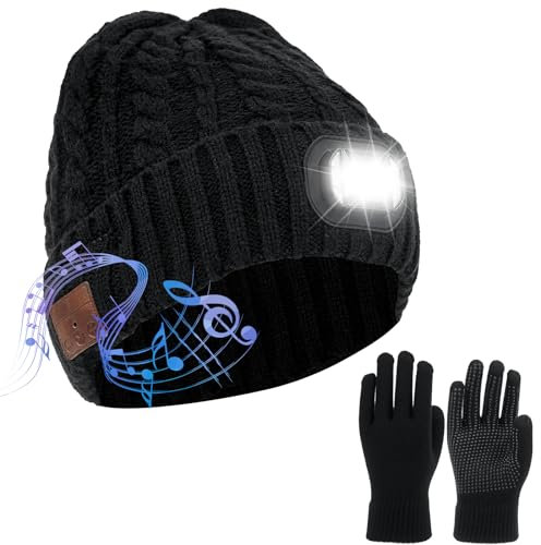 Bestcool Bluetooth Beanie Hat with LED Light, Musical Knitted Cap & Gloves Set with Headphone Rechargeable Head Torch Hat Washable Cap Birthday for Men Women Running Camping Cycling Black